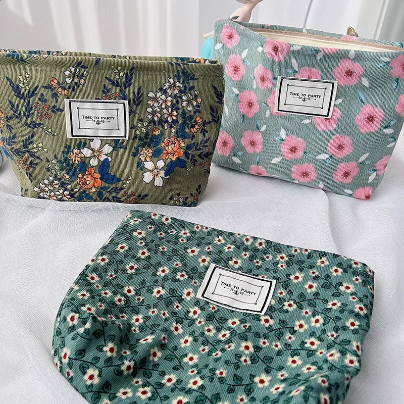 Makeup Bag Womens Flower Box Organizer Korean Embroidery Travel Corduroy Canvas Beauty 240723