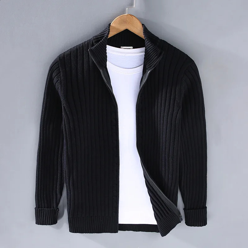 Autumn Winter Men Cardigan Sweater Mens Stand Collar Zipper Cotton 100% Thickened Knit Solid Color High Street Clothes 240816