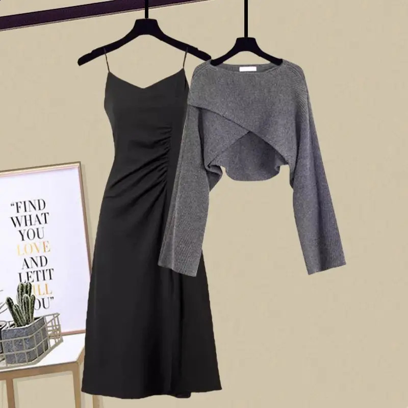 Autumn Irregular Cross Knitted Sweater Pullover Strap Pleated Dress Two Piece Elegant Womens Party Dress 240724