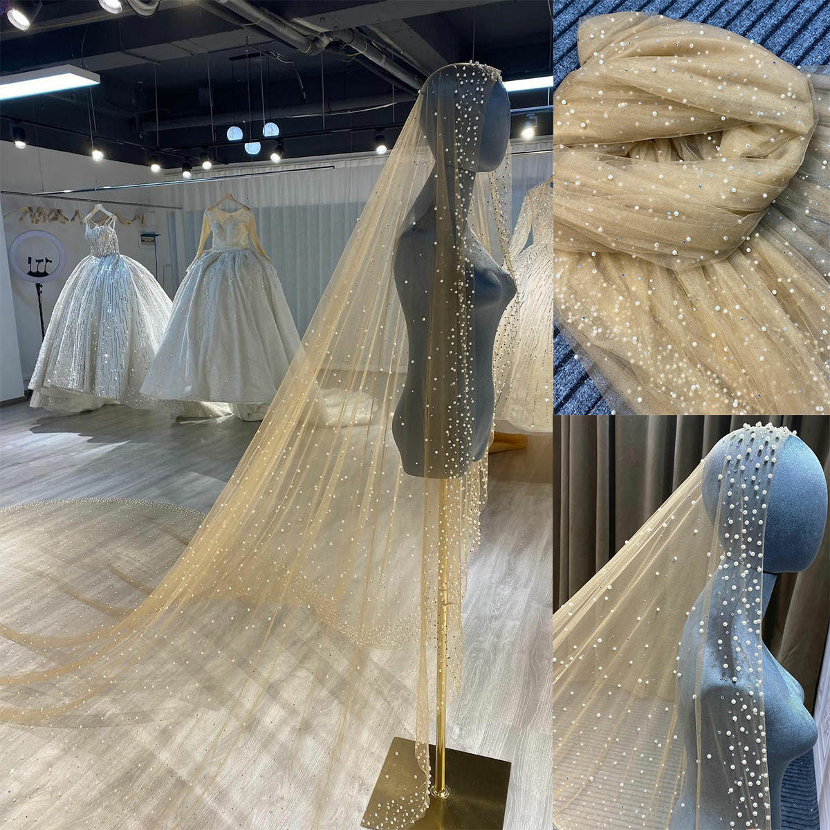Bridal Veils Spray Champagne Pearls Beading Long Wedding Veil Mariage With Comb One Layer Bride Accessories