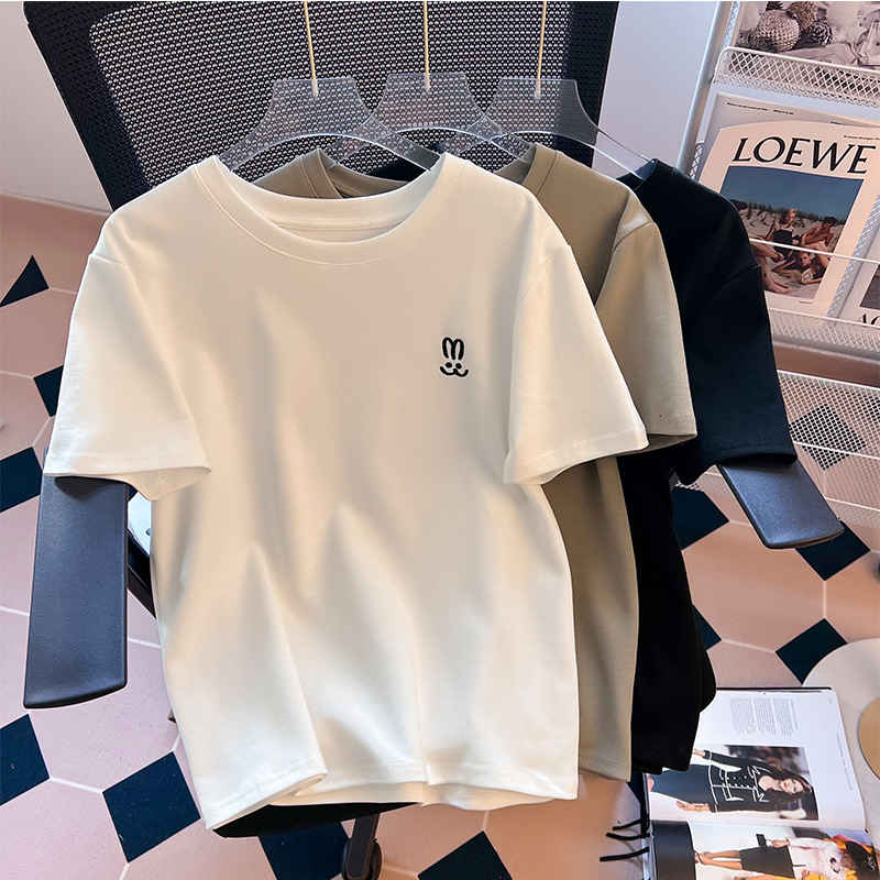 Solid color round neck white shoulder T-shirt for in summer, loose and slimming base shirt top, short sleeved women