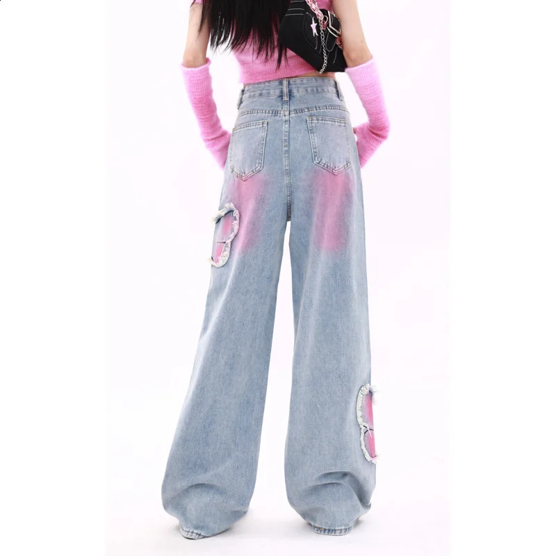 Blue Womens Jeans Butterfly High Waist Straight Baggy Denim Pants American Korean Fashion Y2K Female Wide Leg Denim Trouser 240806