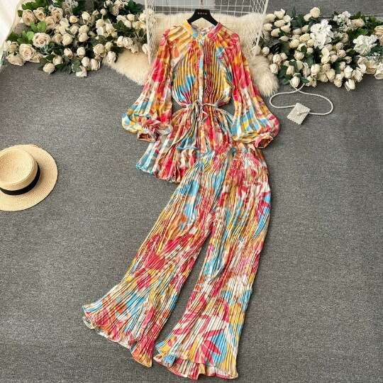 Elegant and Sophisticated Style, Waist Cinched Printed Chiffon Top Shirt, Loose Casual Pleated Harlan Pants Set Short Temperament BOHO DRESS