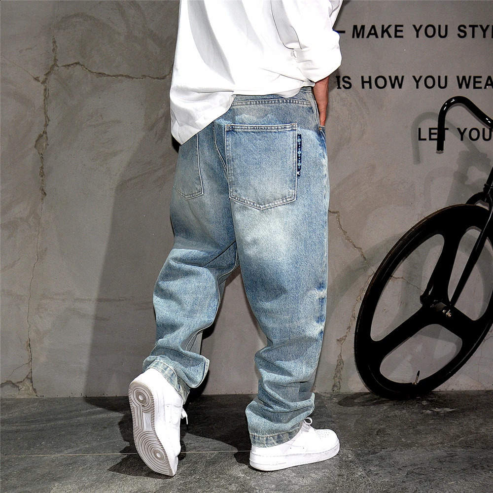 High quality vintage light blue baggy jeans men clothing korean fashion Denim cargo pants streetwear Skateboard trousers male 240724
