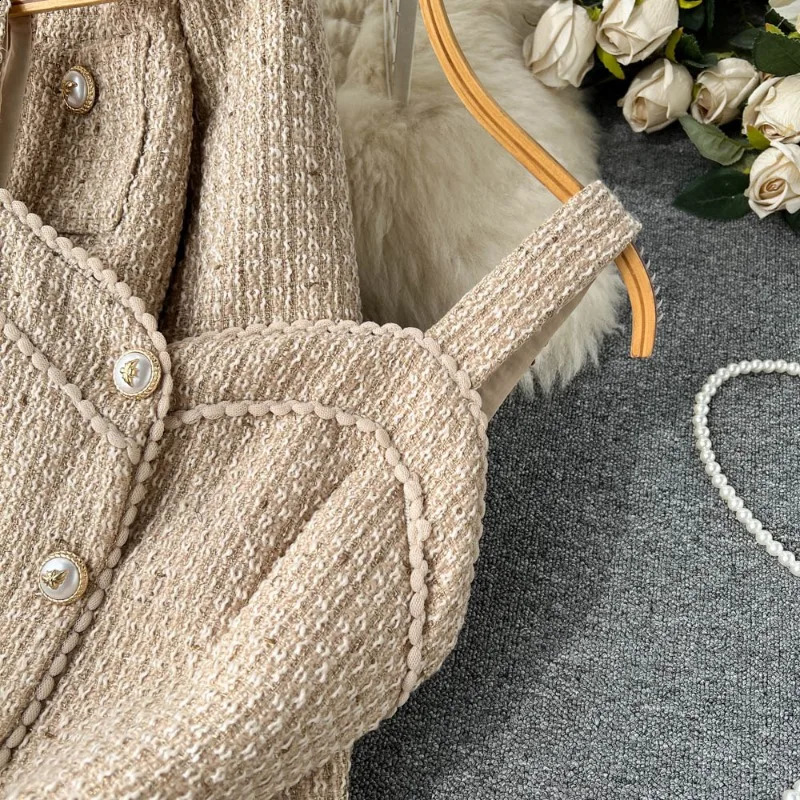 Autumn Spaghetti Strap Woolen Patchwork Mesh Tulles Midi Dress Short Tweed Jacket Coat For Women 2 Pieces Set Outfits 240724