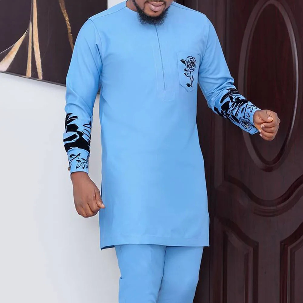 Dashiki African Mens Clothing Solid Color Shirt Pants Mens Suit 2 Sets Of Long Sleeve Clothing Wanquet Wedding Casual Scene 240814