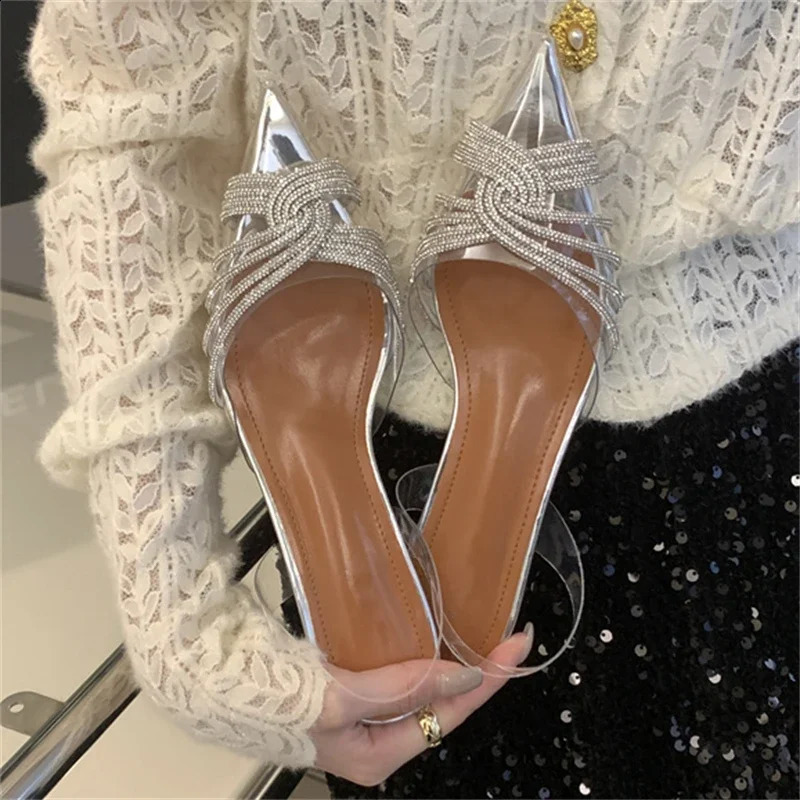 Eilyken Elegant PVC Transparent Crystal Low Heels Pointed Toe Women Pumps Street Style Slingbacks Banquet Party Shoes 240708