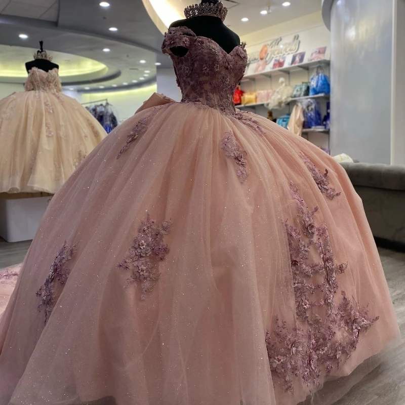 Pink Shiny Sweetheart Ball Gown Quinceanera Dress Tulle Appliques Beads Flowers Bow Off Shoulder Sweet 15 16 Birthday Party Form