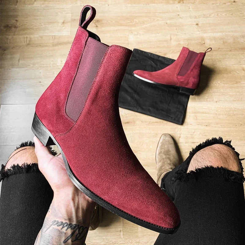Chelsea Boots Men Handmade Business Black Red Slip on Flock Pu Cowboy Boots Sapato Masculino Men Boots 240719