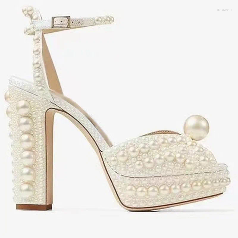 Sandals Handmade Beaded Thick Heel Peep Toe Girls High Platform Women Shoes Wedding Dress Designer Pearl