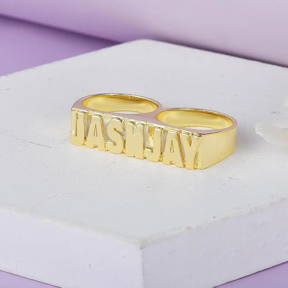 Custom Name Ring Personalized Double Fingers Ring Hiphop Men Fashion Jewelry 18k Gold-Plated Name Rings Gift Dropshipp 240718