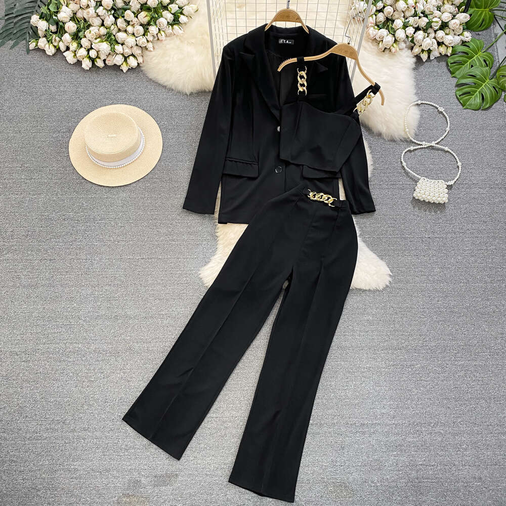 Fashion Womens High Waisted Small Leg Professional Cropped Pants, Three Piece Set with Suspender Vest, Loose Suit Jacket, Spring Bifurcated Silk Dress