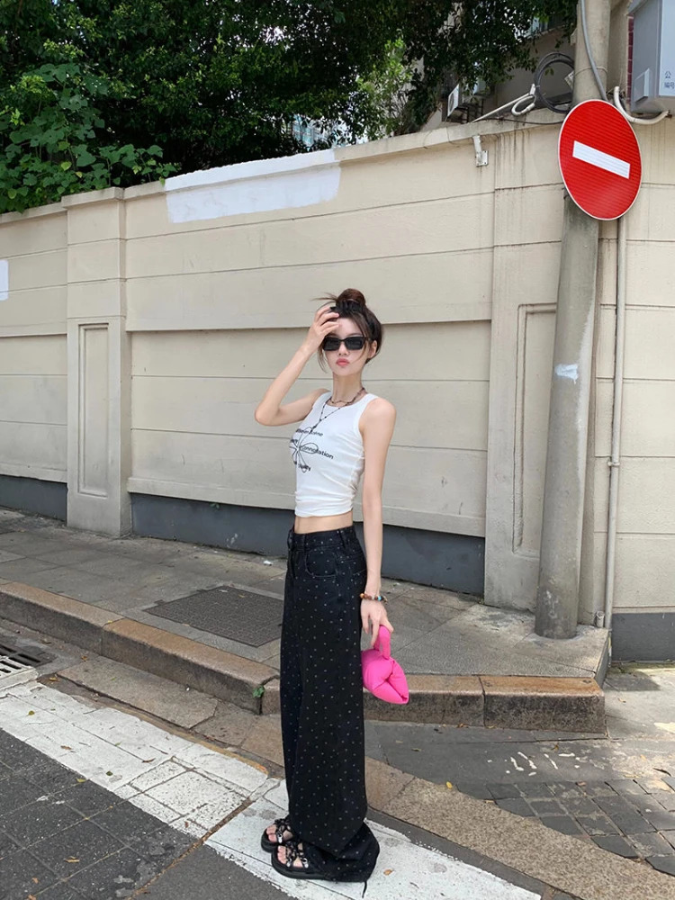 Black Polka Dot Straight Jeans Women High-waisted Loose Wide Leg Pants Autumn Winter Fashion Korean Y2k Streetwear Long Trousers 240812