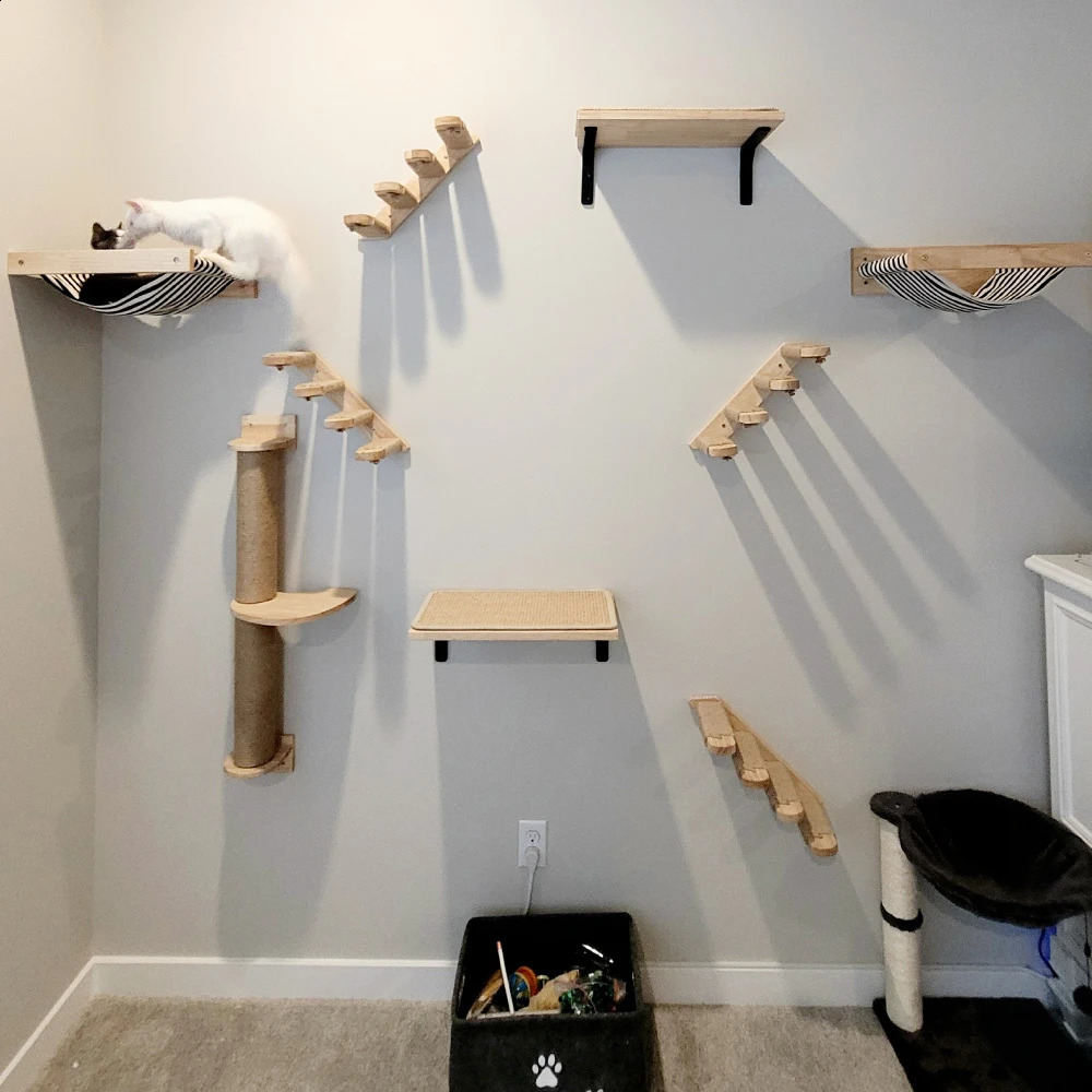 Tree Wall Mounted Climbing Wooden Shees Posts Ladders with Hammock and House Cat Bridge for Kittens Perch Sleeping 240723