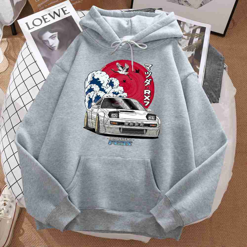 Japanese car wave crane red sun print hoodie mens fashionable oversized sportswear autumn pocket warm hoodieW2407247682