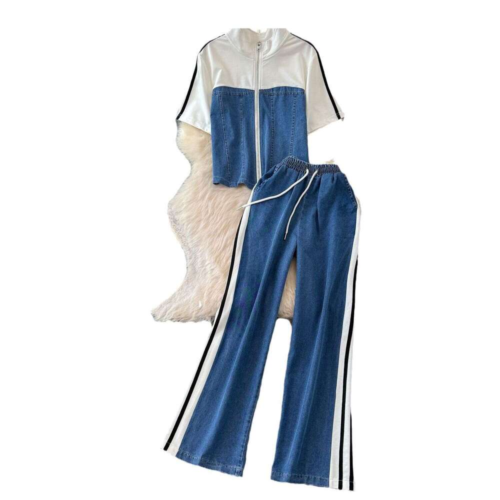 Leisure Denim for Women in Summer 2024, New Internet Celebrity, Age Reduction, Street Explosion, Fashionable and Stylish Sports Two-piece Set Silk Dre