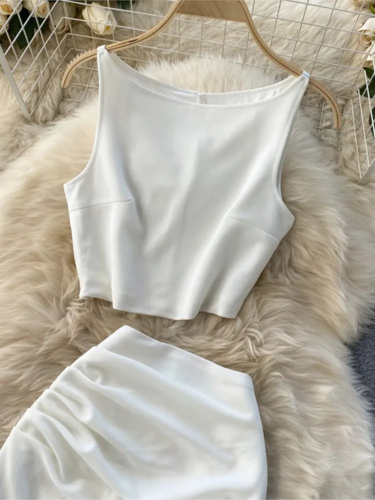Summer Women Fashion Skirt Set Sexy Sleeveless Tank Tops High Waist Slim Long Saya Female Two Piece Suits White Black Clothes 240713