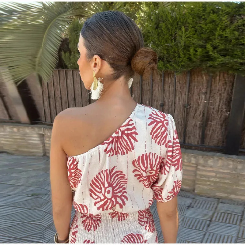 Women Elegant Slim Fit Mini Dress Irregular One Shoulder Summer Short Sleeve Print Dresses Streetwear Vintage Sexy Party Vestido 240723