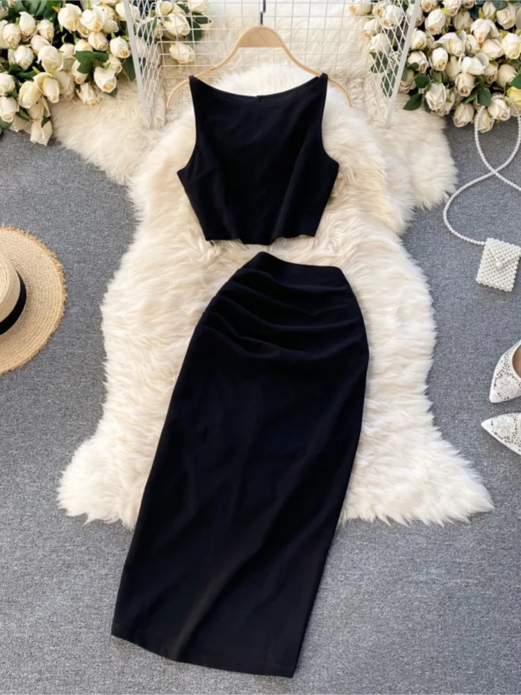 Summer Women Fashion Skirt Set Sexy Sleeveless Tank Tops High Waist Slim Long Saya Female Two Piece Suits White Black Clothes 240713