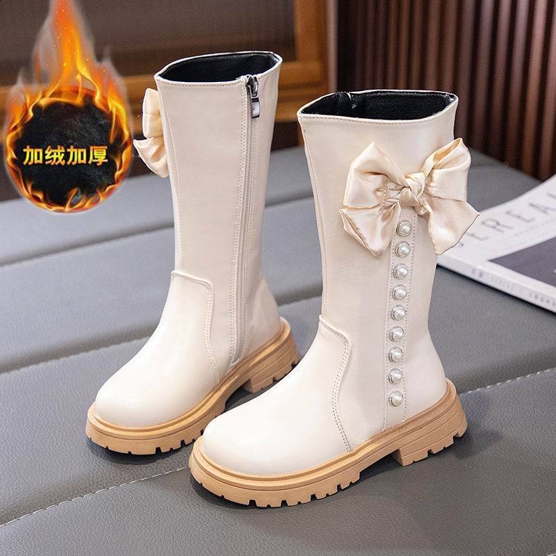 Girls cotton boots childrens fashion princess bow pearl 2023 autumn and winter new item childrens plush warm high tube 221128