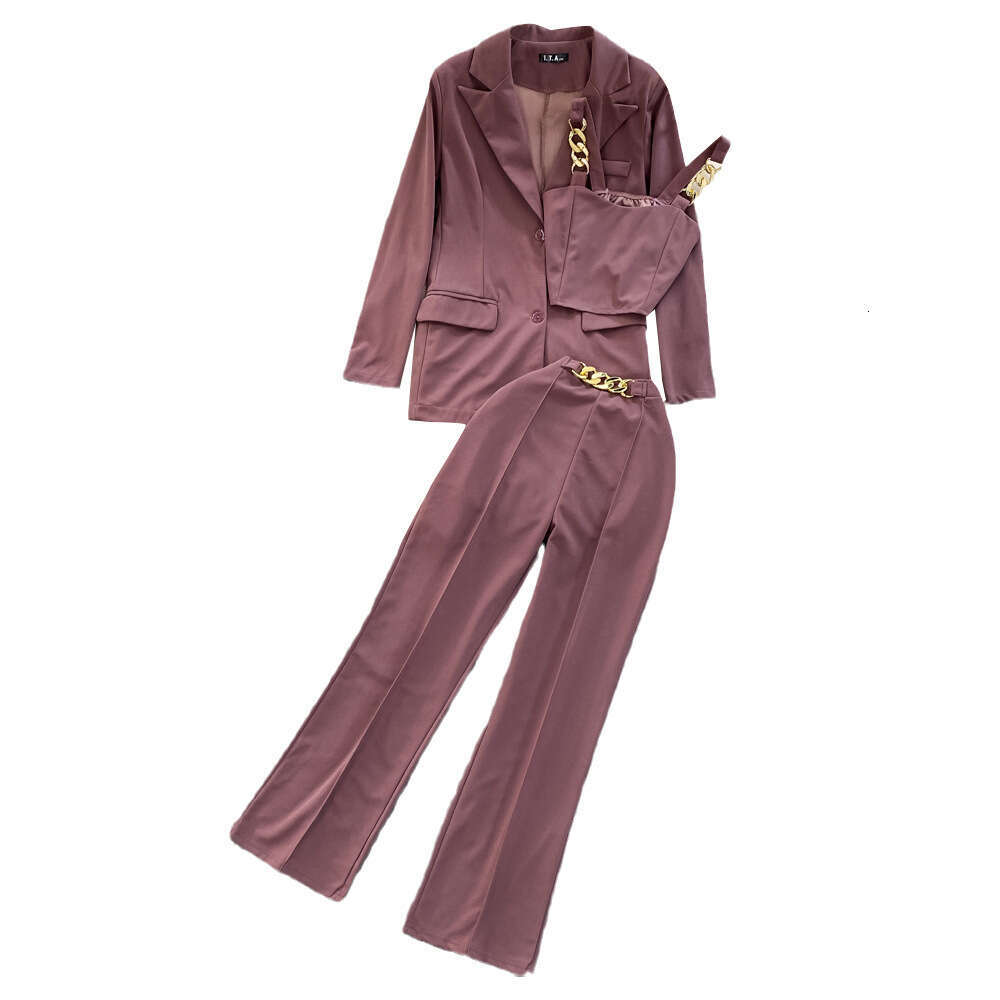 Fashion Womens High Waisted Small Leg Professional Cropped Pants, Three Piece Set with Suspender Vest, Loose Suit Jacket, Spring Bifurcated Silk Dress