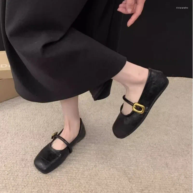 Casual Shoes Women's Mary Janes Designer Buckle Strap Flats Squre Toe Leather Soft Female Black atos Mujer 1828N
