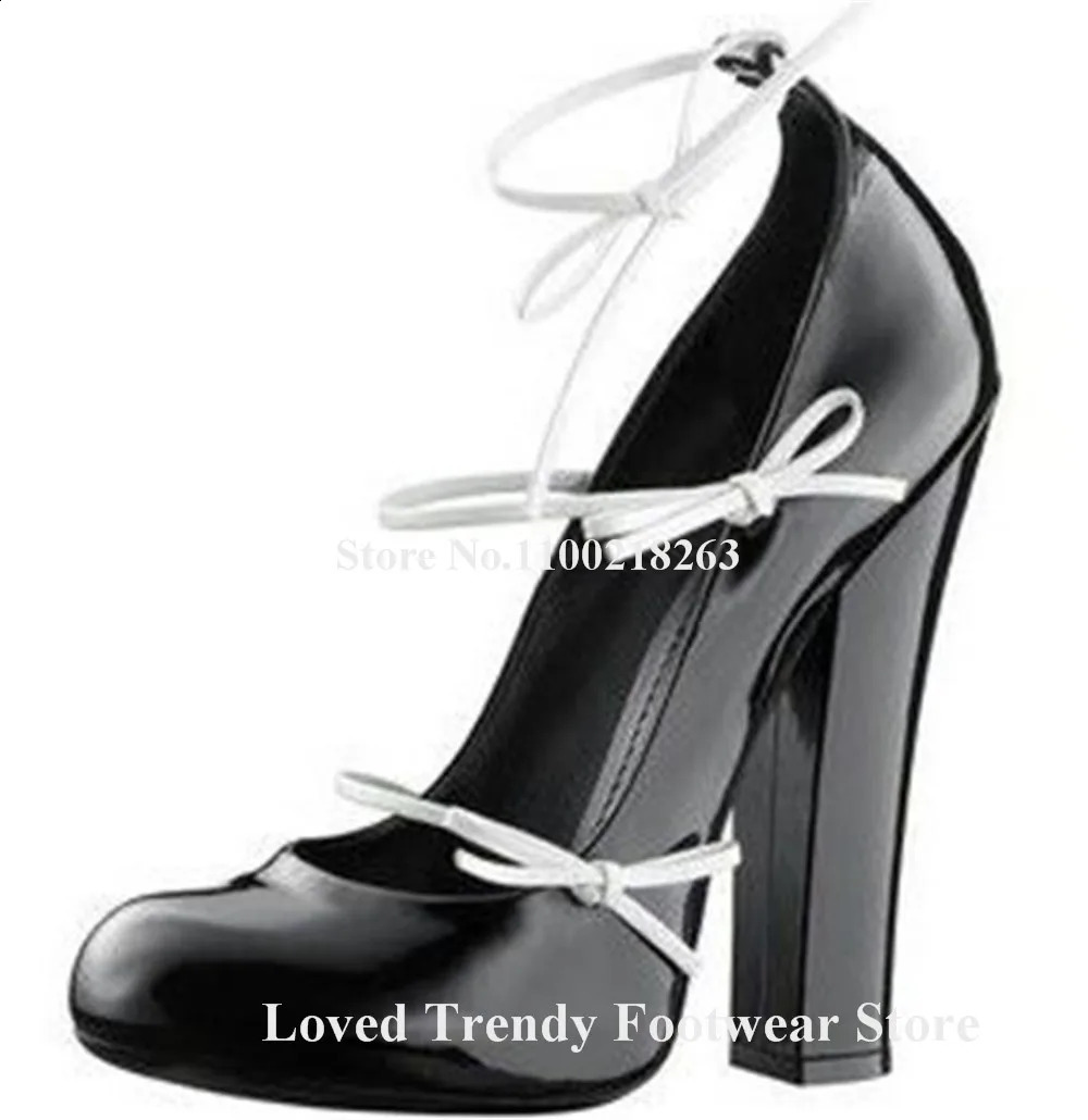 Elegant Straps Bowtie Chunky Heel Pumps Round Toe Black White Patent Leather Patchwork Thick Heel Party Heels Wedding Shoes 240708