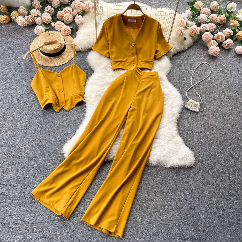 Korean Fashion Womens Summer Camisole Vest Short V-neck Shirt Jacket High Waist Wide Leg Long Pants Three Piece Set Waist Loose High Waist Dress Silk 