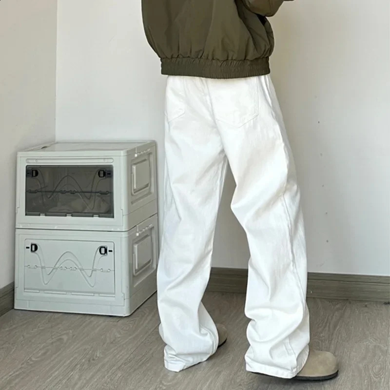 Retro American white workwear casual pants mens loose fit straight leg wide drag Trouser High Street Material 240812