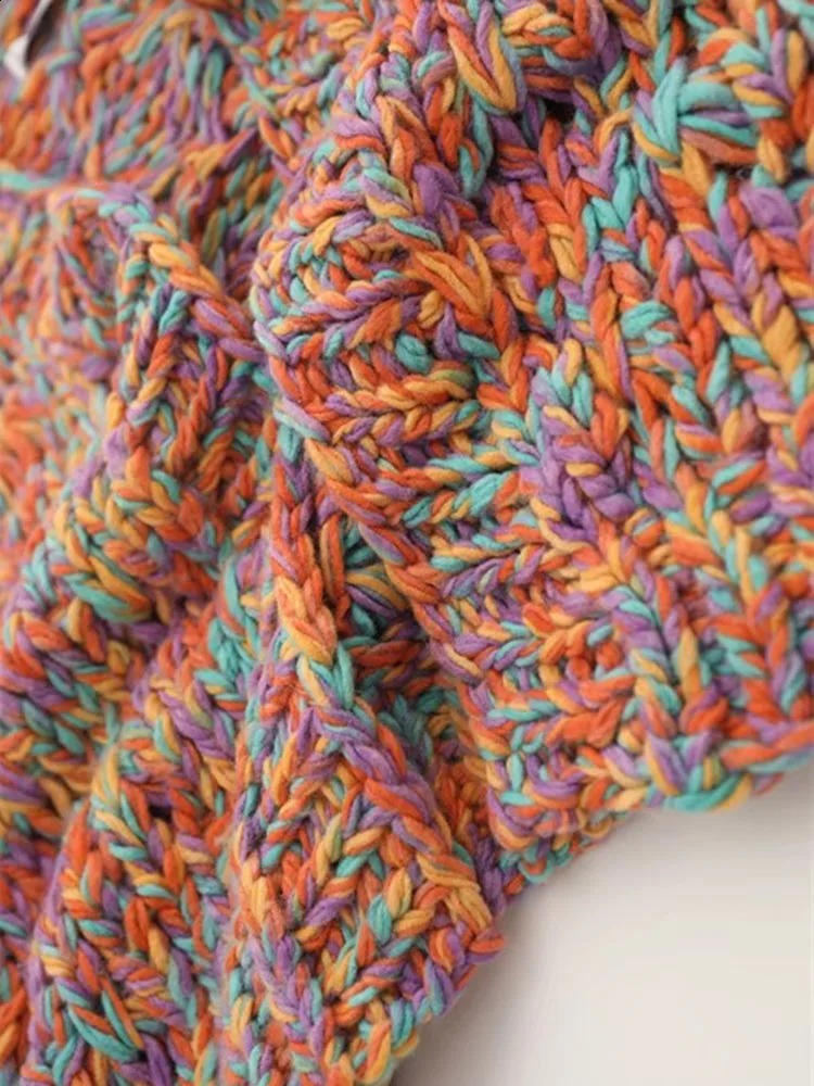 Coarse Wool Knit Cardigan Round Neck Multi-Color Rainbow Sweater For Women Needle Hand Made High Quality C-197 240724