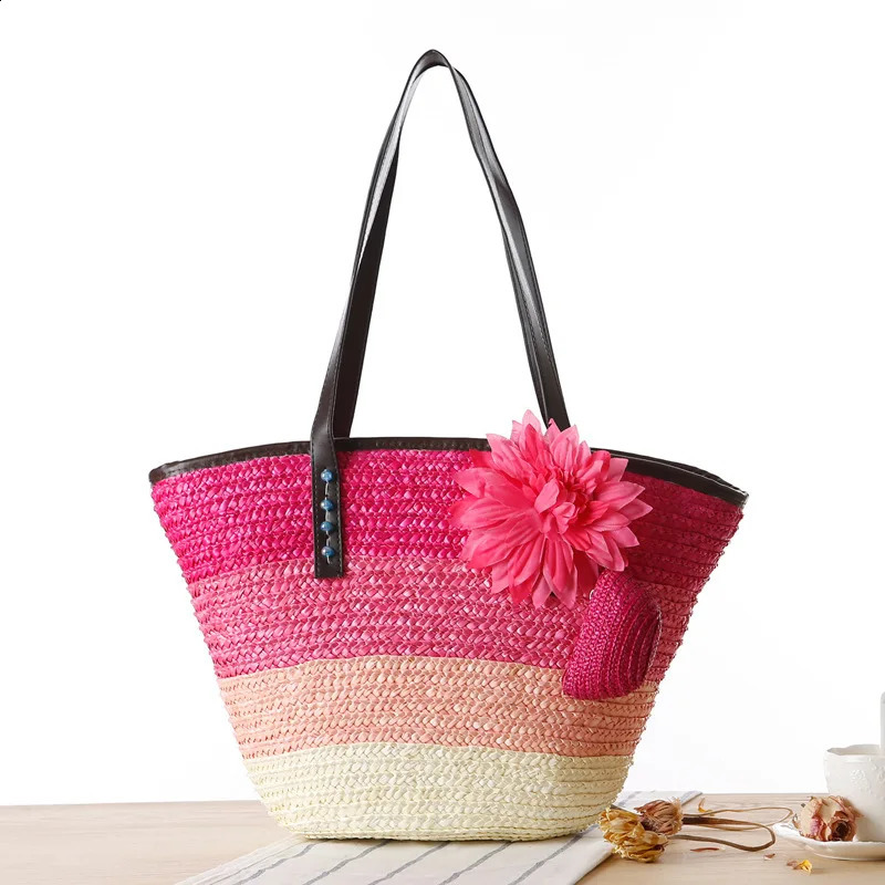 Handmade woven straw bag large capacity womens handbag summer beach travel knitted shopping casual wallet 241014