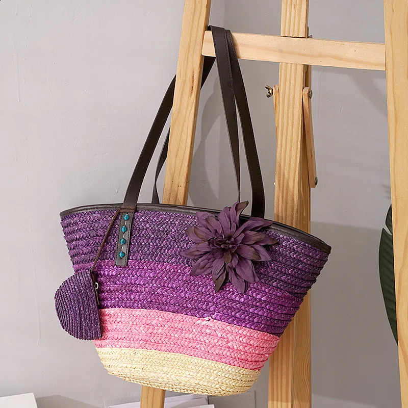 Handmade woven straw bag large capacity womens handbag summer beach travel knitted shopping casual wallet 241014