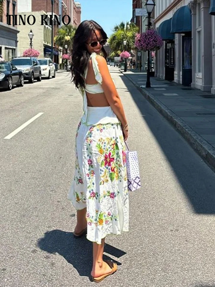 Chic Printed Hollow Out Long Dress Women Ruffles Lace Up Sleeveless Backless Sling Dresses 2024 Summer Chic Lady Holiday Robe 240723