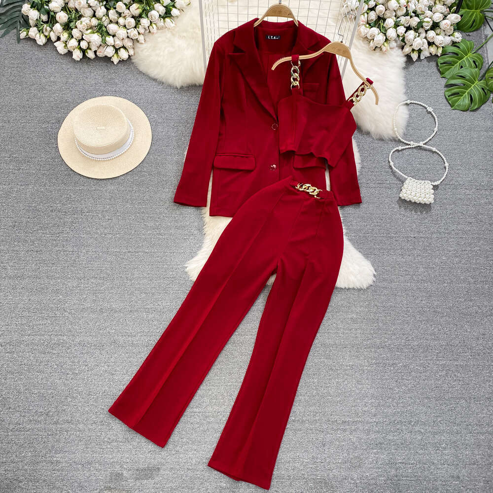 Fashion Womens High Waisted Small Leg Professional Cropped Pants, Three Piece Set with Suspender Vest, Loose Suit Jacket, Spring Bifurcated Silk Dress