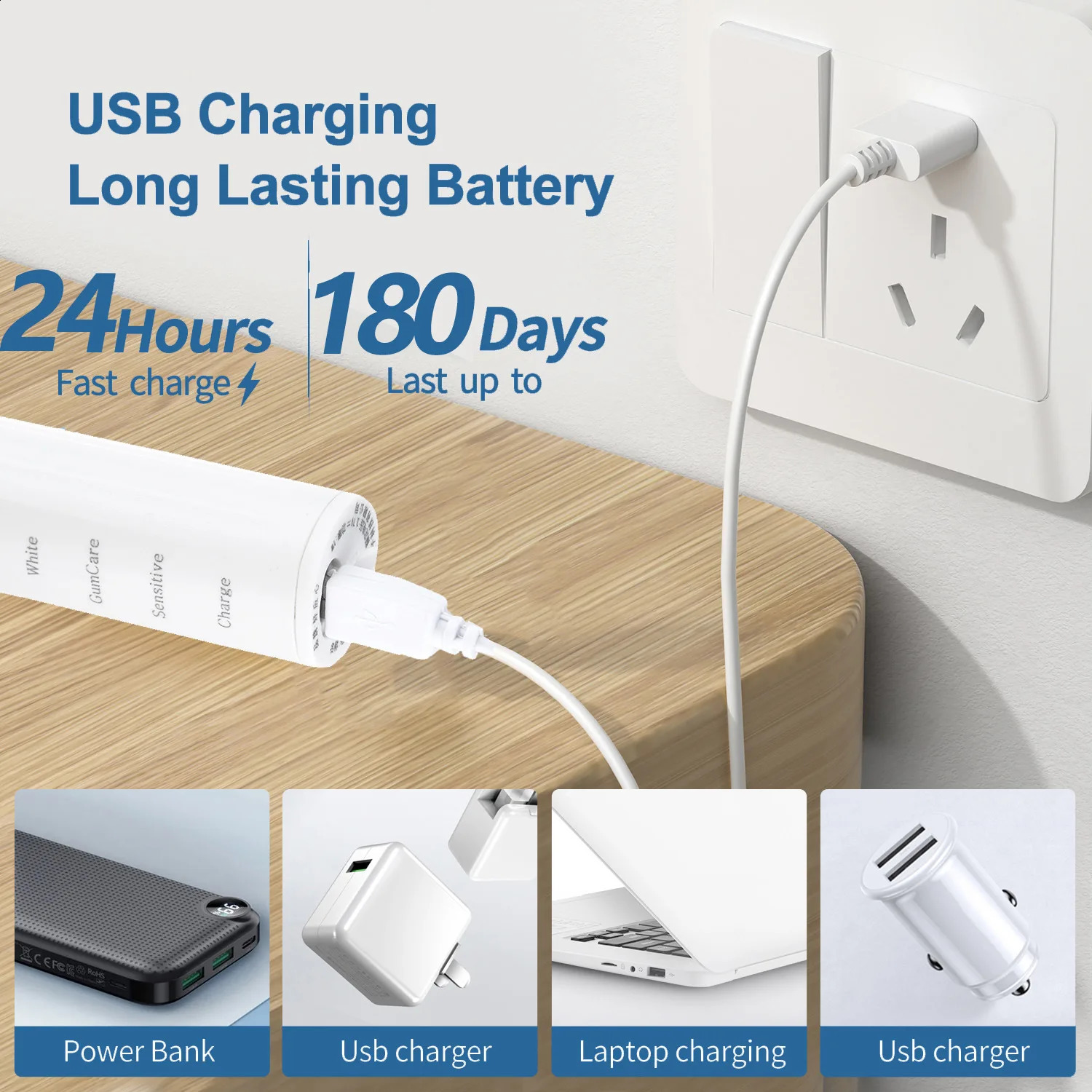 Ultrasonic Electric Toothbrush for Adults Timer Teeth Automatic Vibrator Sonic Brush Whitening IPX7 Waterproof 4 Brush Heads 240713