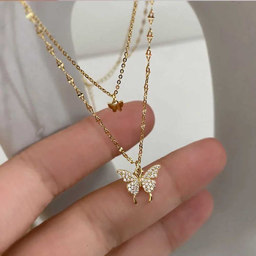 SUMENG 2024 Simple Double Layer Star Moon Charm Multilayered Necklace Delicate Clavicle Chain Zircon For Women Fashion Jewelry W250616