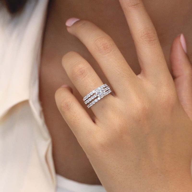 Sterling Engagement Round Cut Bridal Set - Sier Simulated Dia CZ, White Topaz Wedding Rings, 3PCS Eternity Ring for Women Free shipping