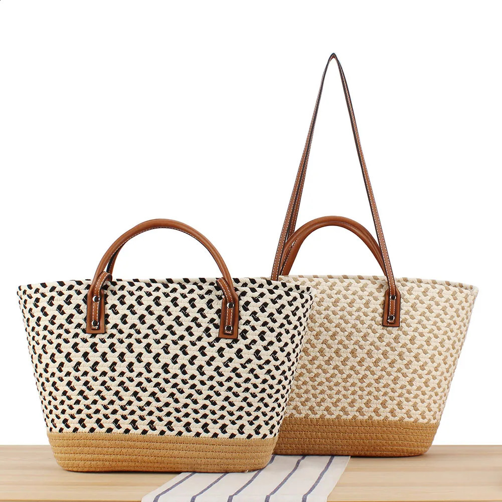 Women Woven Tote Bag Summer Beach Large Capacity Handmade Bohemian Patchwork for Shopping Commuting 240723
