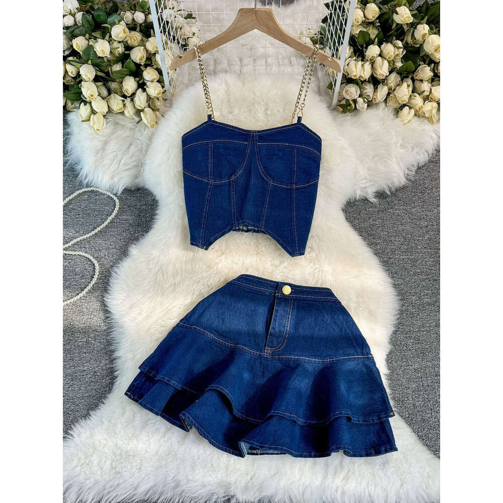 American Spicy Girl Set with Pure Desire Style Chain Hanging Strap Bra Denim Top+high Waist A-line Ruffle Edge Short Skirt Pregnant Womens Dress