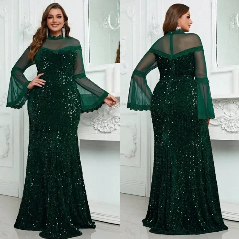 Sequined Plus Size Evening Dresses With Long Sleeves Velevet Mermaid Prom Gowns Sheer High Necke Or Length Special Ocn Dress 0219