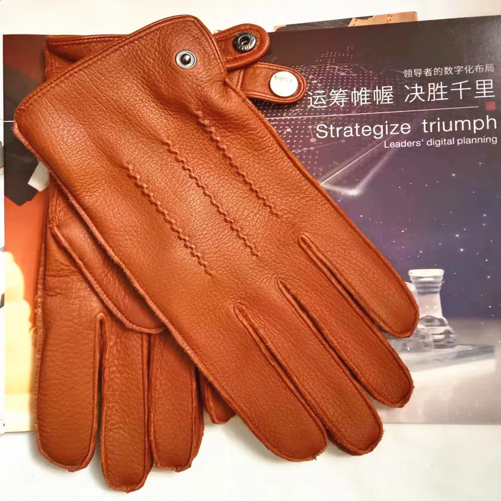 Real Leather Gloves Male Imported Deerskin Wool Knitted Lined Spring Autumn Thermal Driving Car Men Gloves EM012 240713