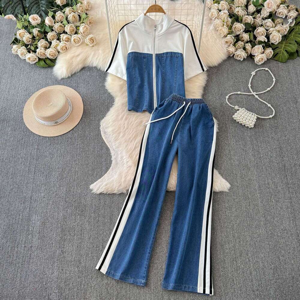 Leisure Denim for Women in Summer 2024, New Internet Celebrity, Age Reduction, Street Explosion, Fashionable and Stylish Sports Two-piece Set Silk Dre