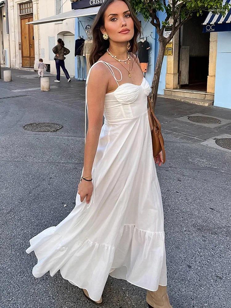 Casual Dresses Sexy Strap A-line Dress Women Elastic High Waist Ruffle Hem Sleeveless Backless Long White Summer Tube Top Robe