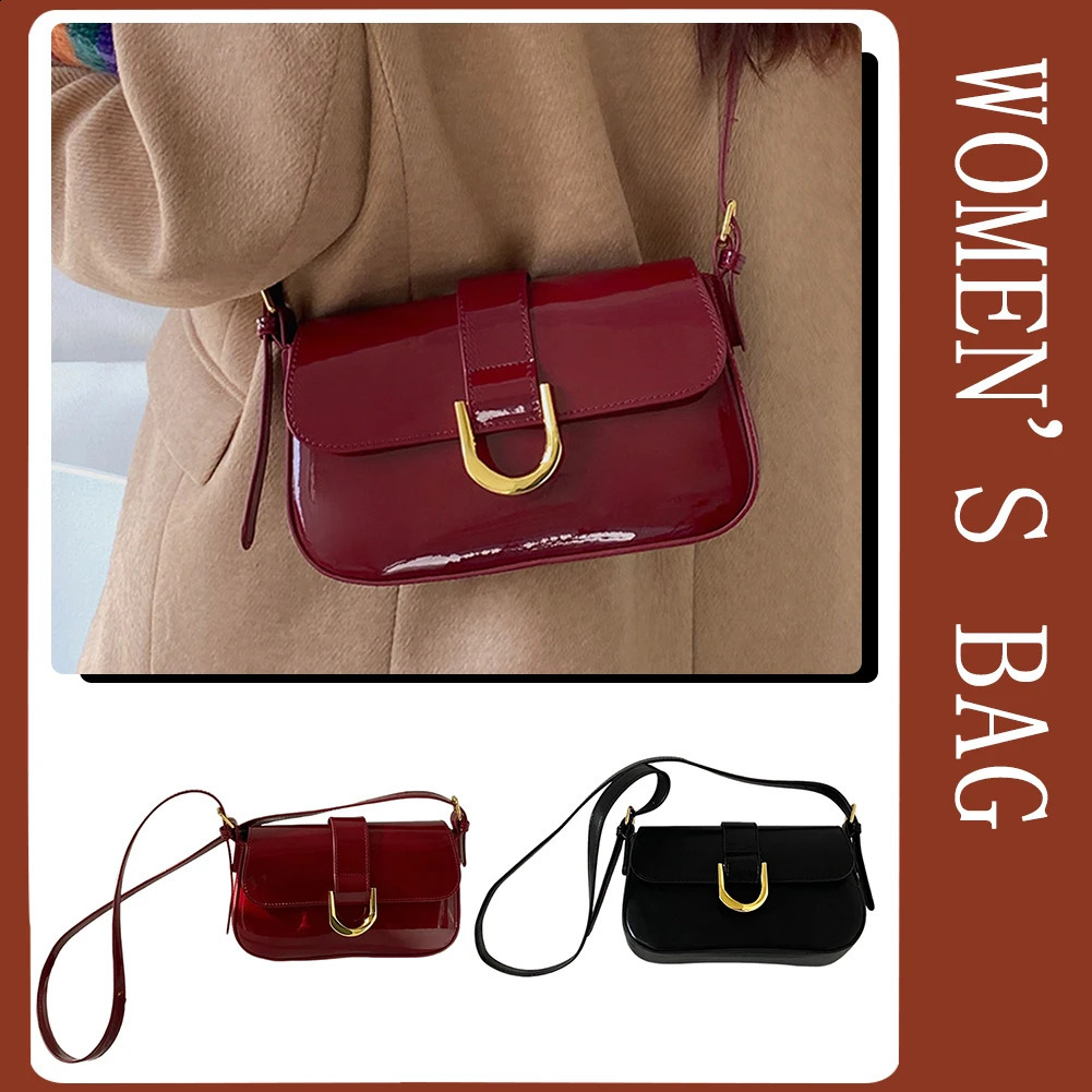 Retro Patent Leather Shoulder Bag For Women Flap Satchel Bag With Adjustable Strap Solid Color Armpit Bag Crossbody Sling Bag 250106