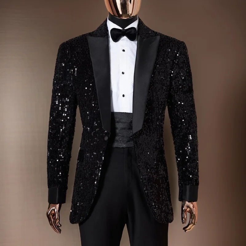 Shining Sequins Men Blazer Slim Fit Peak Lapel Suit Jacket One Button 1 Pc Tailored Groom Wedding Party Jacket for Prom