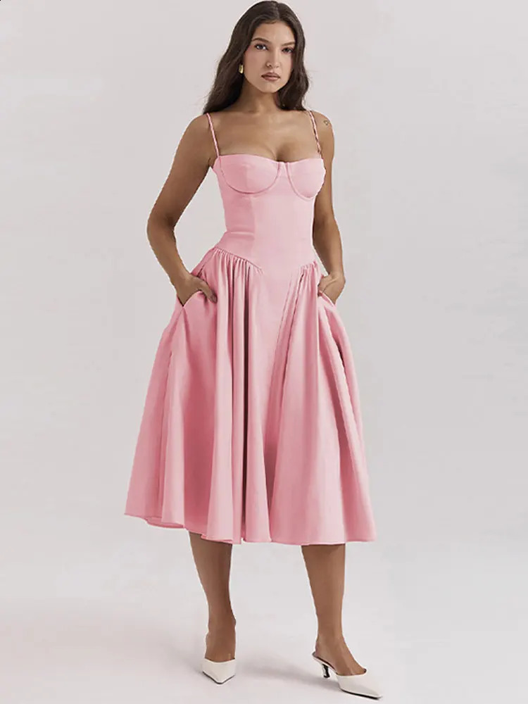 Elegant Women Solid Sling Long Pleated Dress Chic Sleeveless Backless A-line Dresses 2024 Summer Party Club Date Evening Robes 240816
