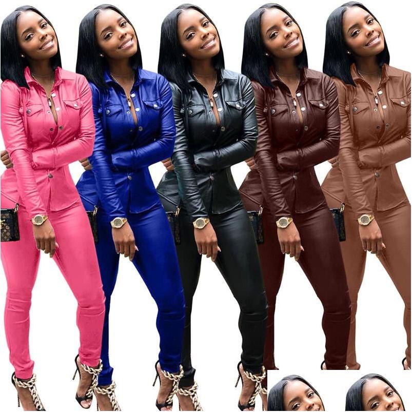 Womens Two Piece Pants Spring Autumn Crop Leather Jacket And Tracksuit Joggers Set Jogging Suits For Women Drop Delivery Apparel Cloth Dhnrw