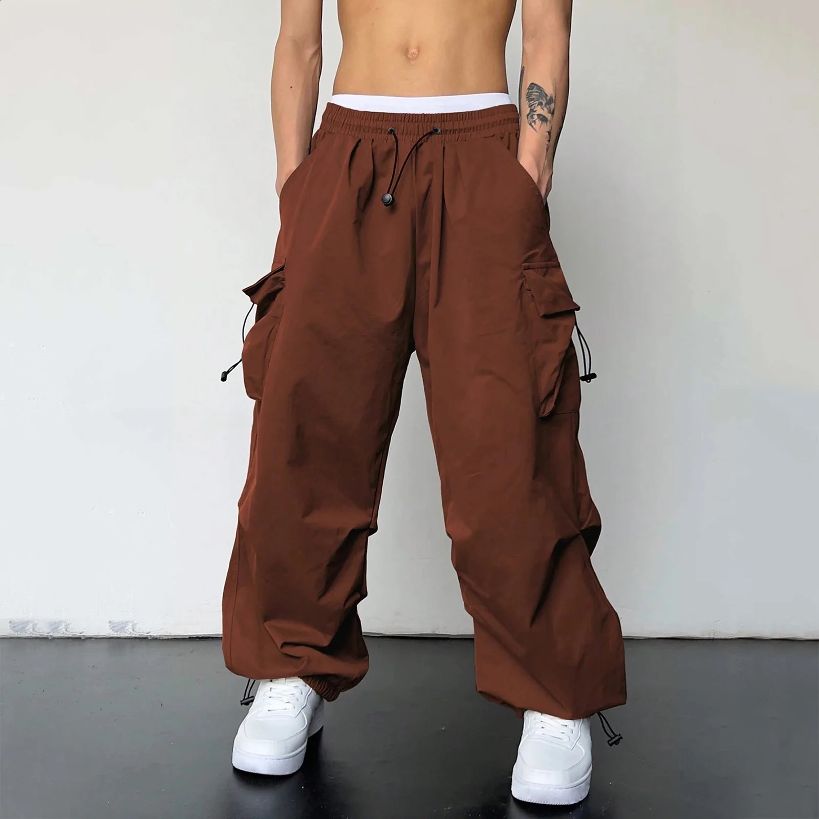 Streetwear cargo pants mens oversized wide leg Trouser hiphop elastic waist solid with multiple pockets loose pocket 240812