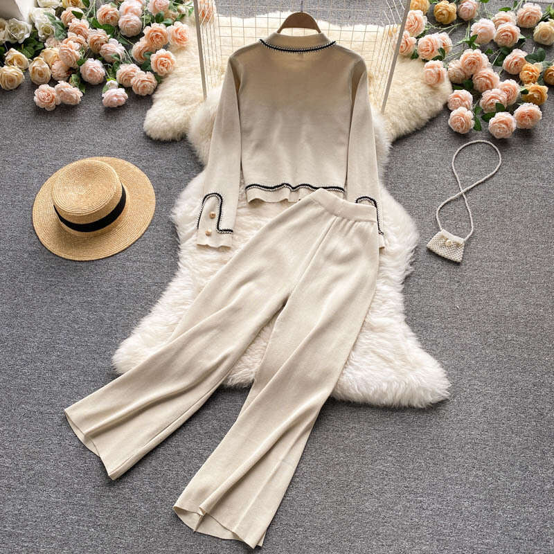 Light Mature Style Knitted Suit for Women in Autumn, New Design Sense, Single Breasted Cardigan, High Waist, Slim and Wide Leg Pants, Two-piece Set De