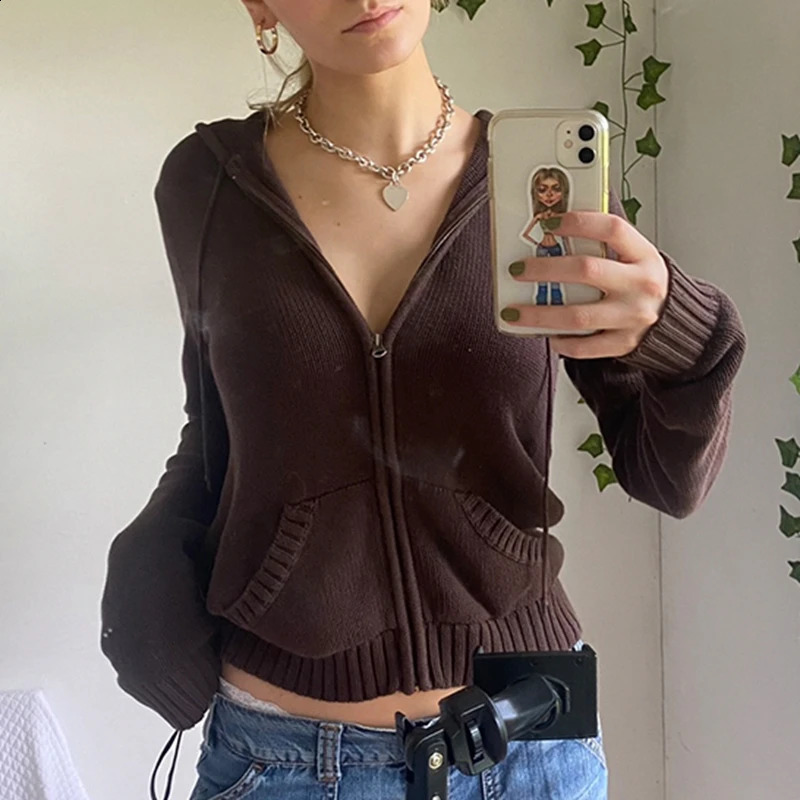 Women Knitted Sweater Hoodies Vintage Solid Color Long Sleeve Zip-up Cardigan Hooded Sweatshirt Outwear Y2k Pullover Streetwear 240805